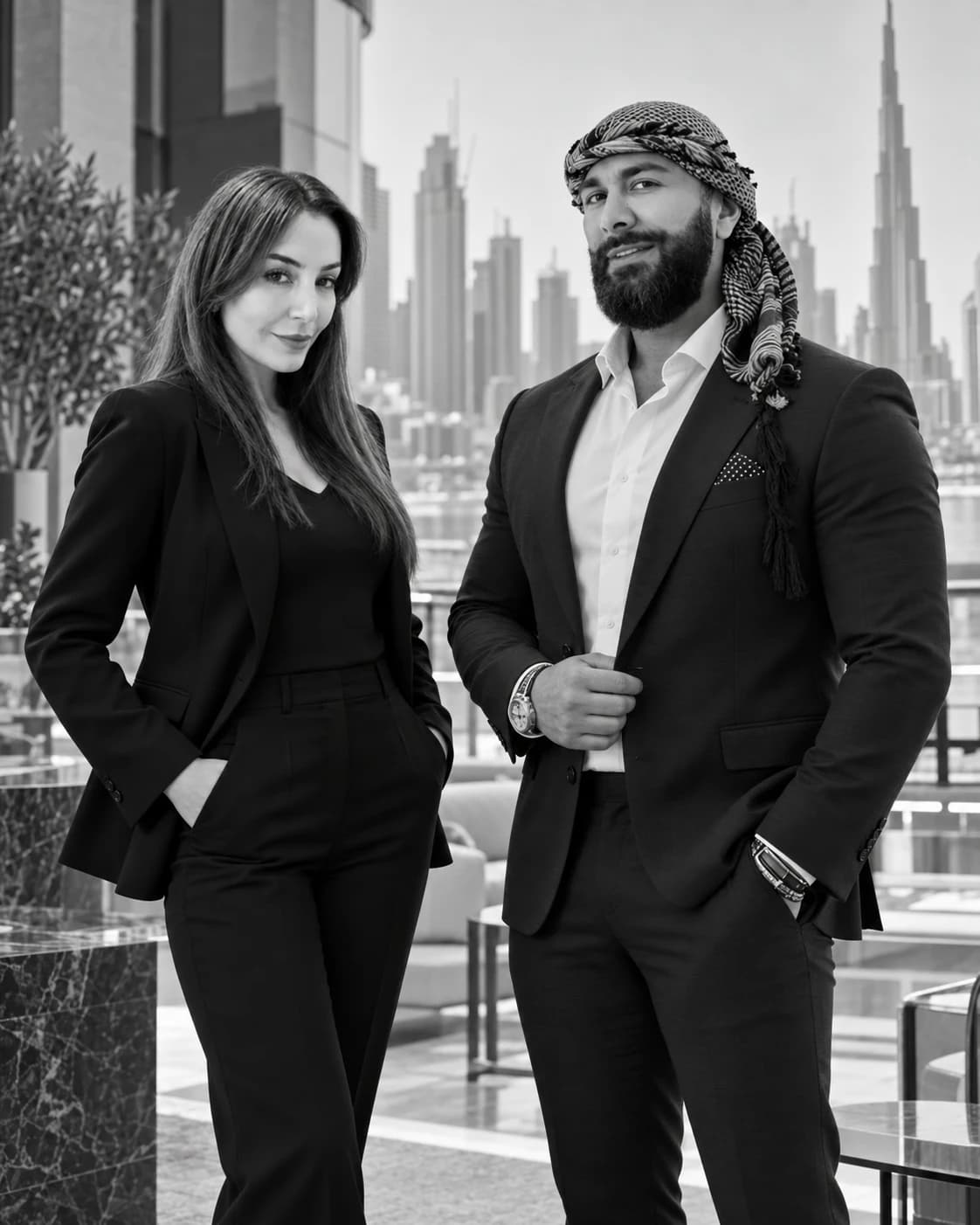 Jihane Alhalabi e Sidnei Santos Mohammad em um terraço em Dubai, com o skyline da cidade ao fundo