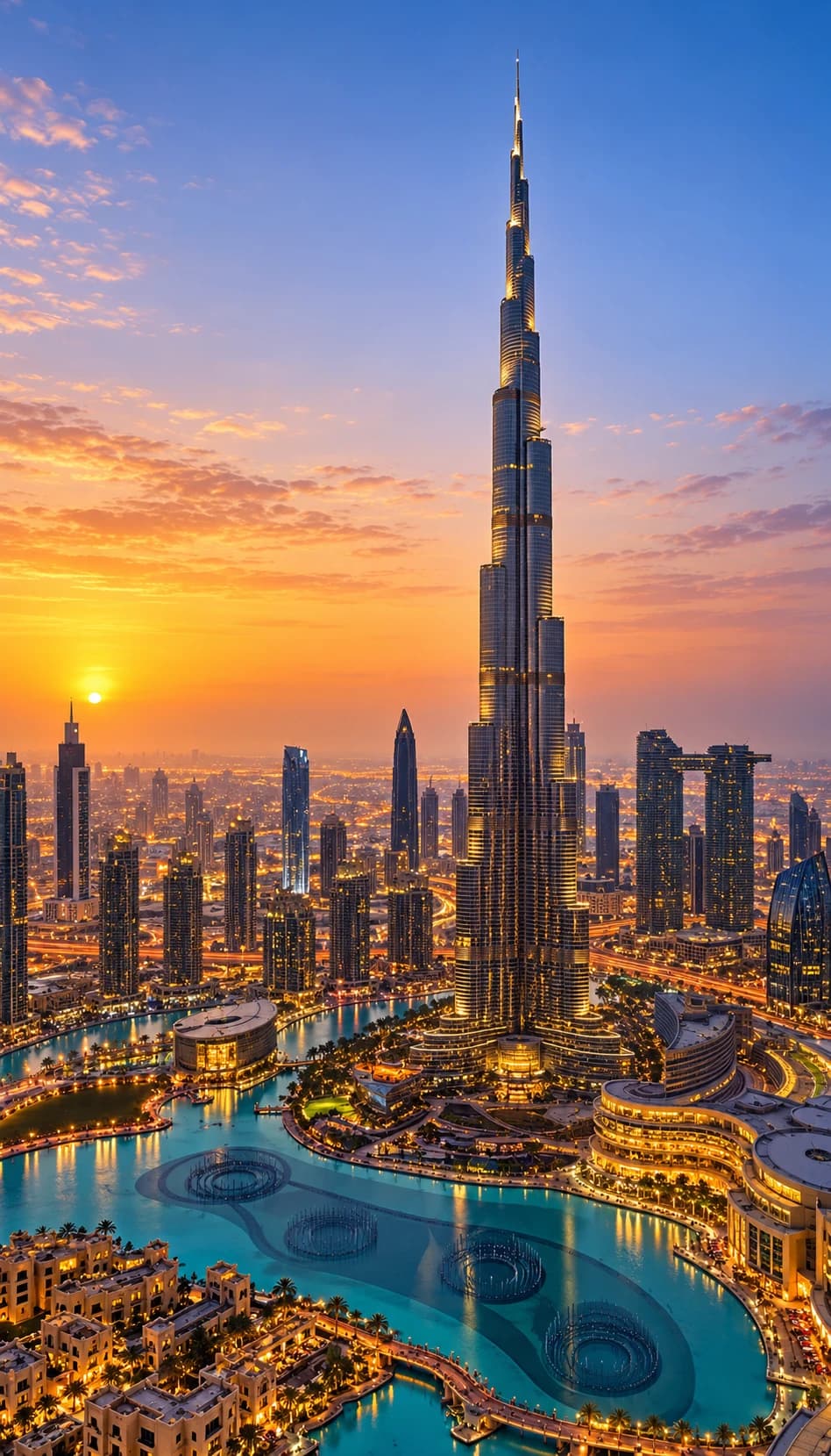 Burj Khalifa e o skyline de Dubai ao pôr do sol