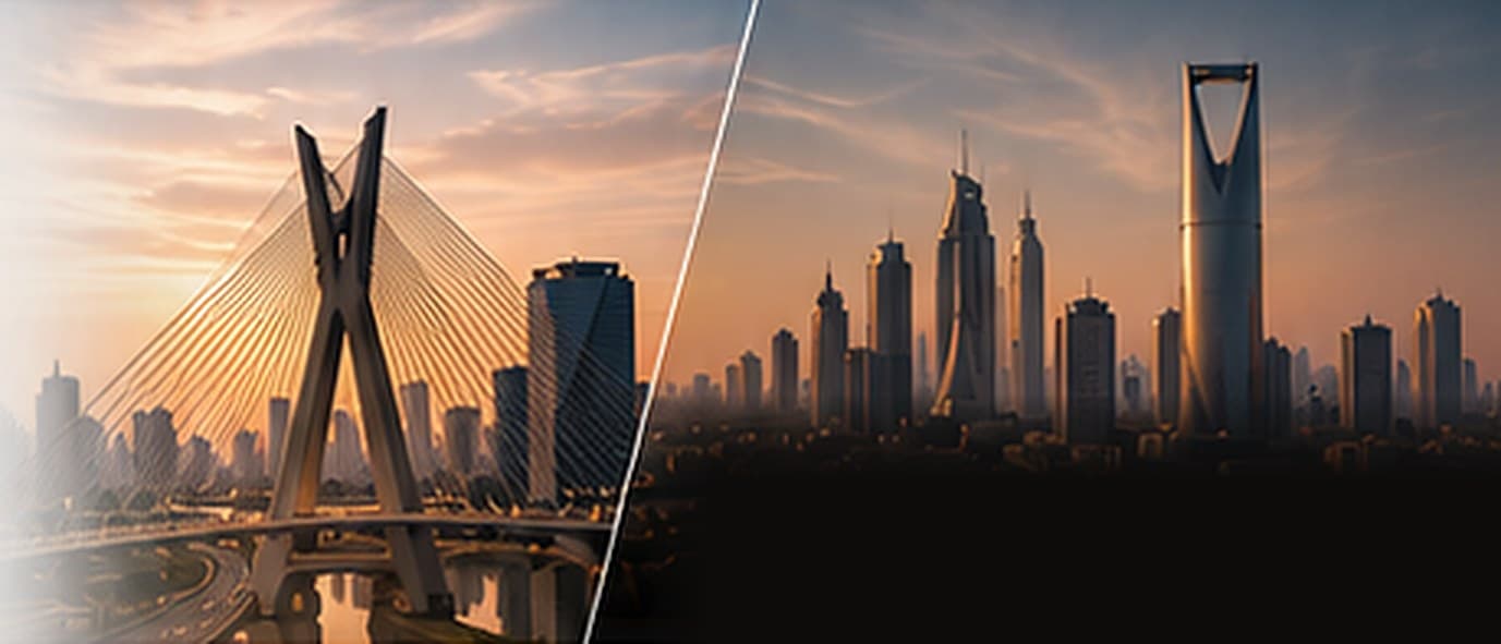 Ponte estaiada de São Paulo e skyline do Oriente Médio ao entardecer