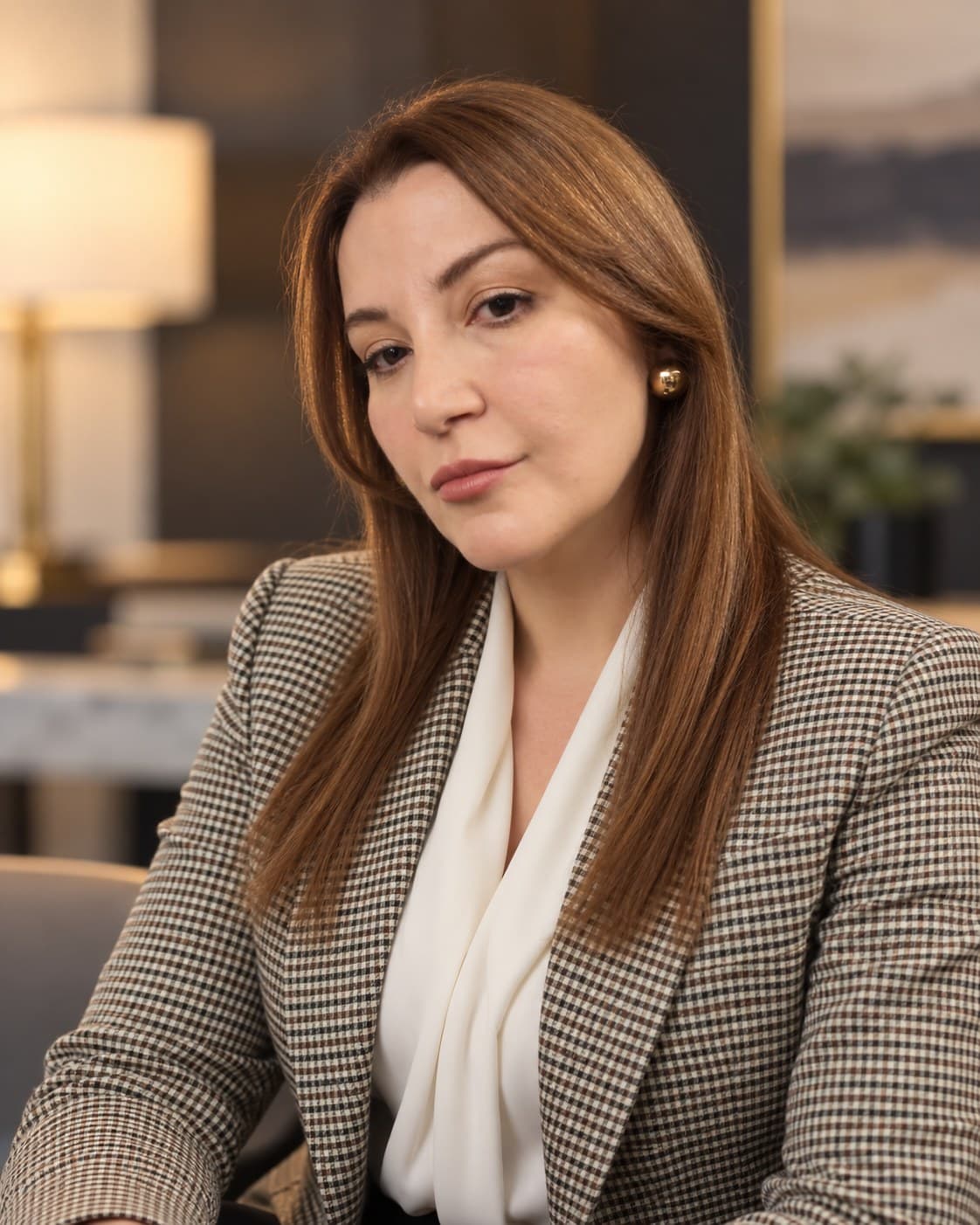 Retrato de Jihane Alhalabi com terno vinho